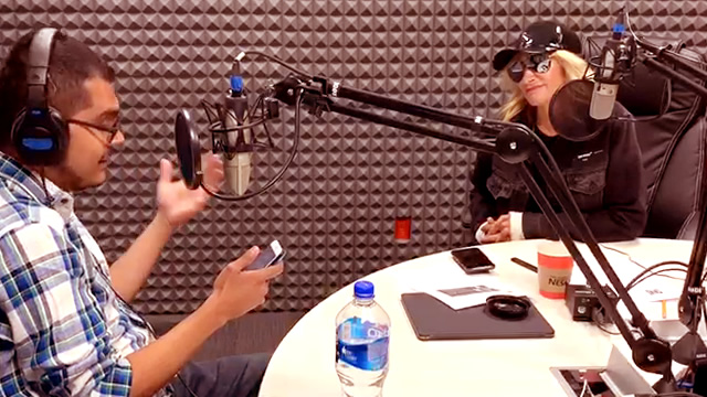 Adela Micha and Antonio Valdivia on a radio station studio in Mexico City.